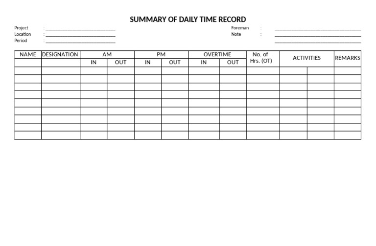 Daily Time Record Summary Template | PDF