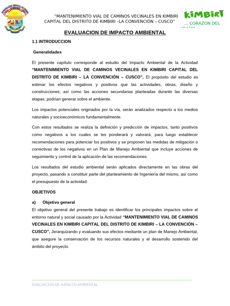 Impacto Ambiental en Caminos Kimbiri | PDF | Evaluación de impacto ...