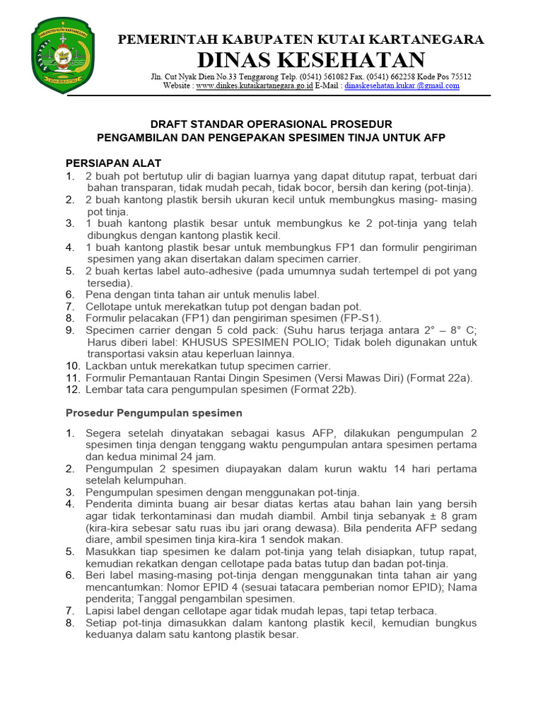 SOP Pengambilan Spesimen Tinja AFP | PDF