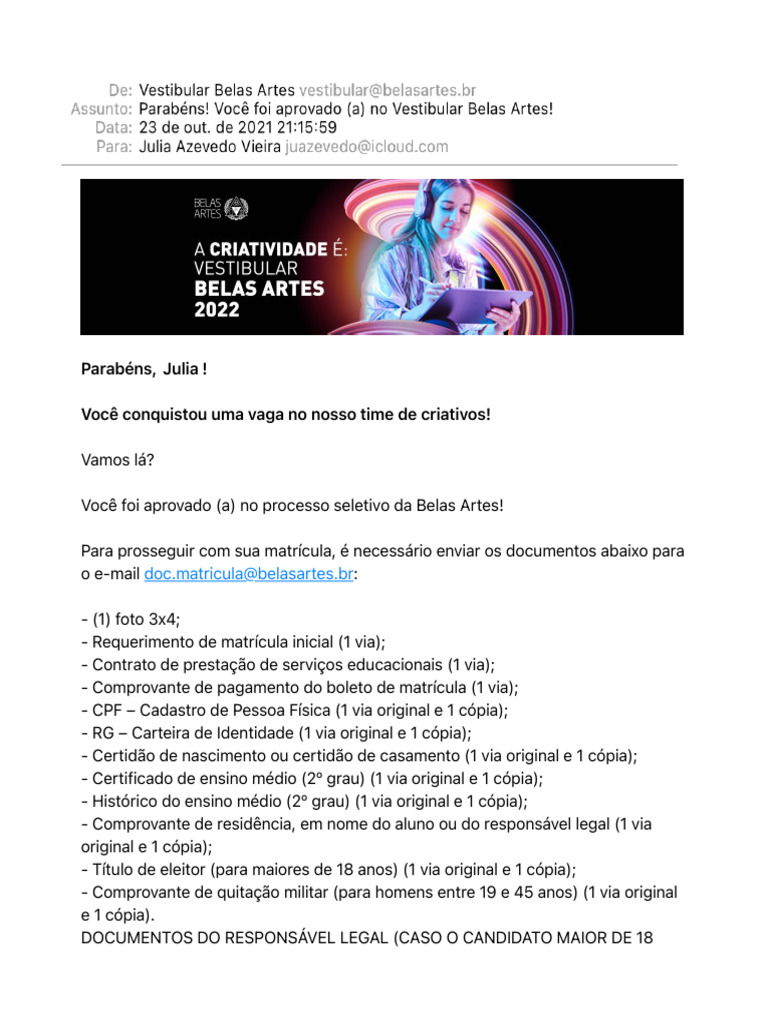 Aprovada no Vestibular Belas Artes! | PDF