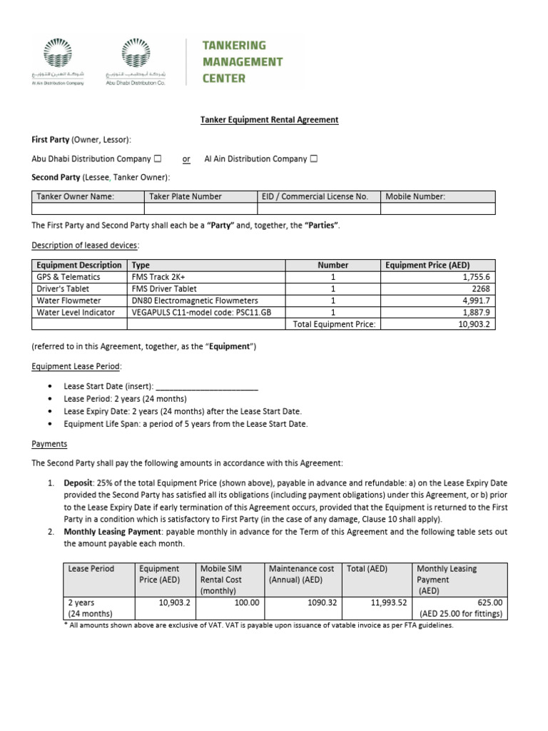 Tanker Equipment Rental Agreement | PDF | Lease | Indemnity