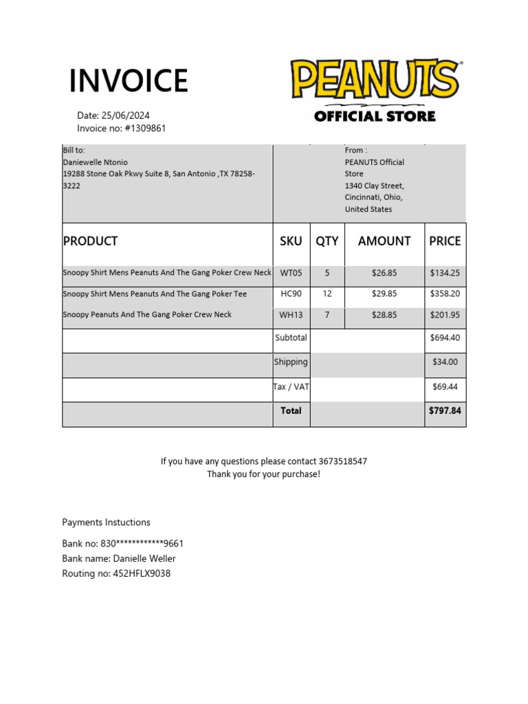 Peanuts Merchandise Invoice #1309861 | PDF