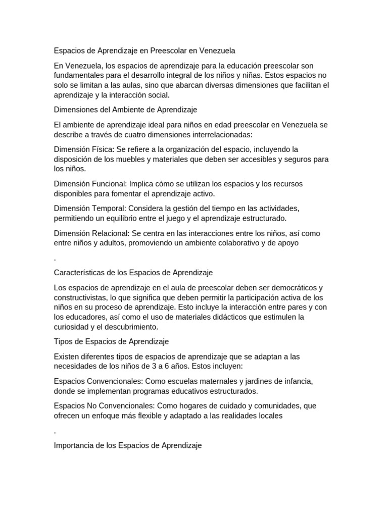 Espacios de Aprendizaje Preescolar en Venezuela | PDF | Aprendizaje ...