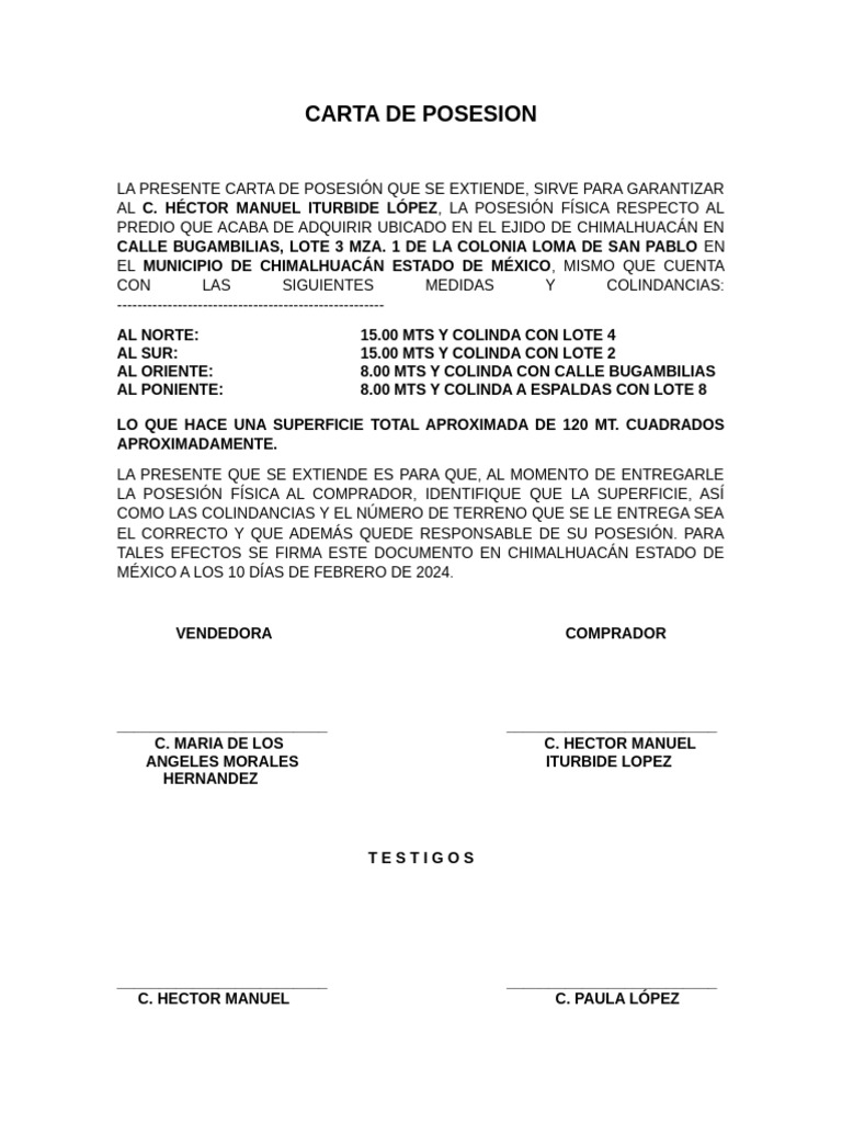 Carta de Posesión de Terreno en Chimalhuacán | PDF
