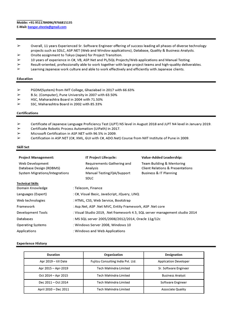C# ASP.NET Developer with 11 Years Experience | PDF | Microsoft Sql ...