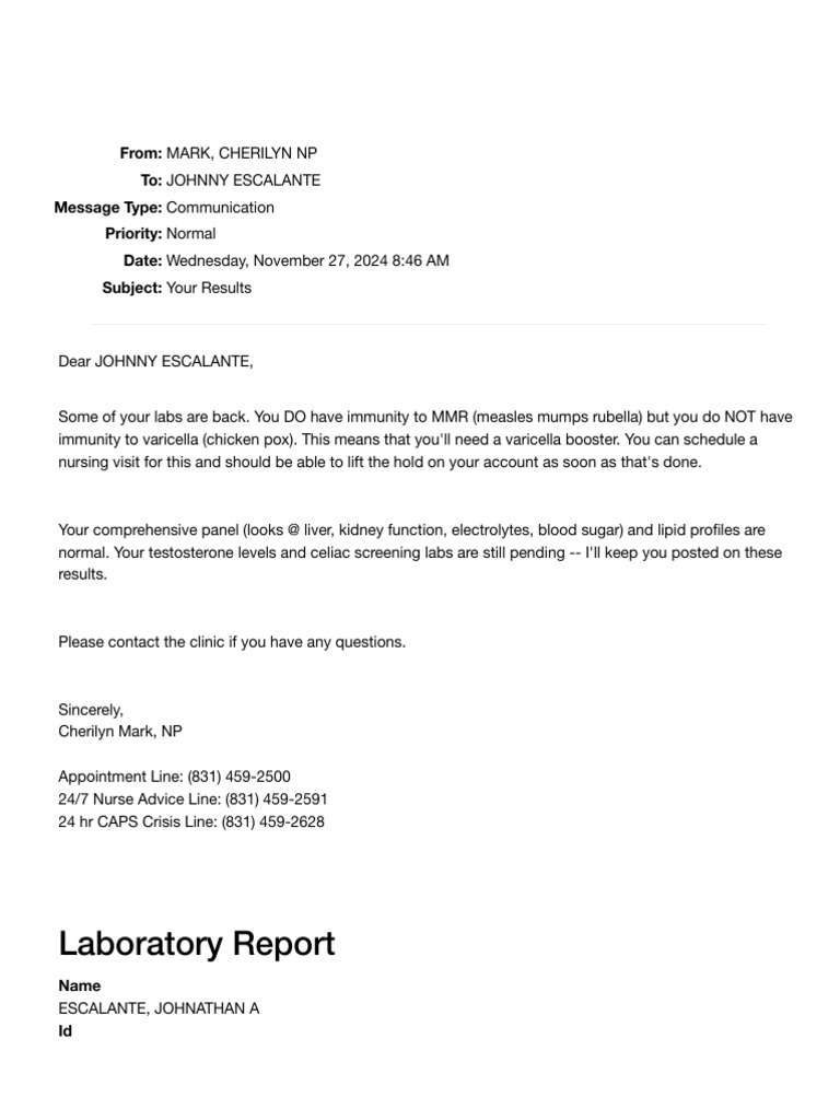 Lab Results Summary for Johnny Escalante | PDF | Immunoglobulin G ...