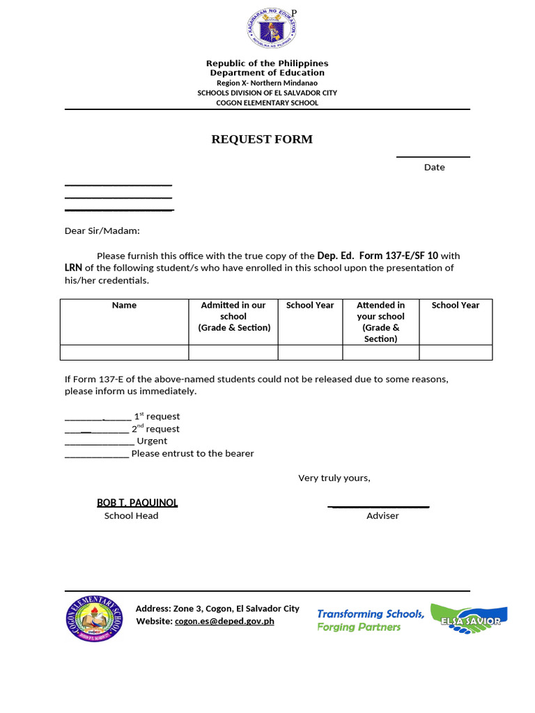 Request for Student Form 137-E | PDF