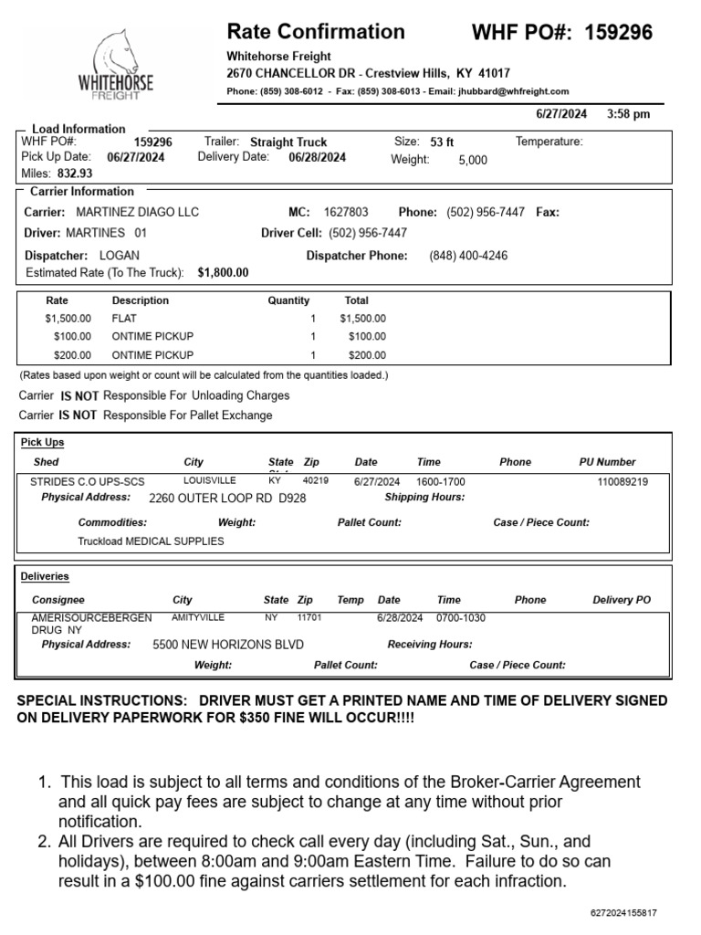 Rate Confirmation for Freight Load 159296 | PDF | Cargo | Factoring ...