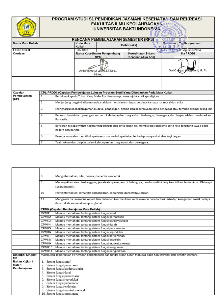 RPS Fisiologi II S1 Pendidikan Jasmani | PDF