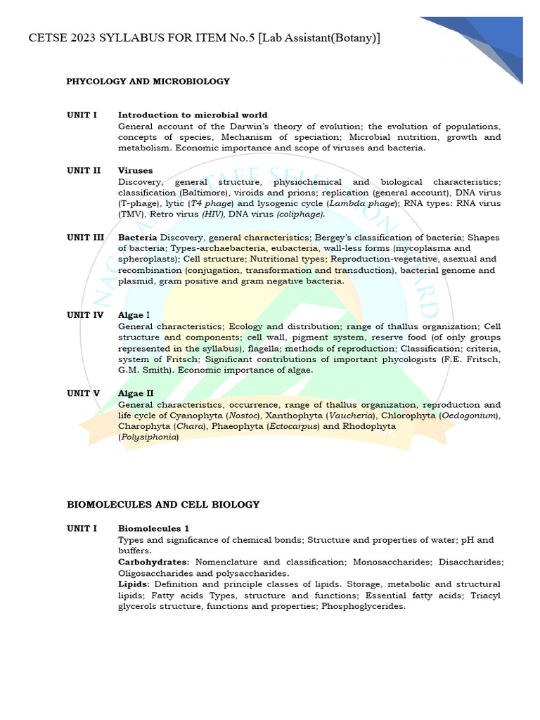 CETSE 2023 Lab Assistant Botany Syllabus | PDF | Metabolism | Enzyme
