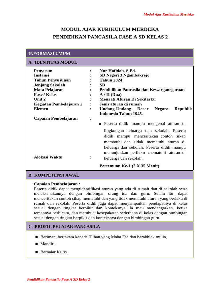 Modul Ajar Pancasila Kelas 2 SD | PDF