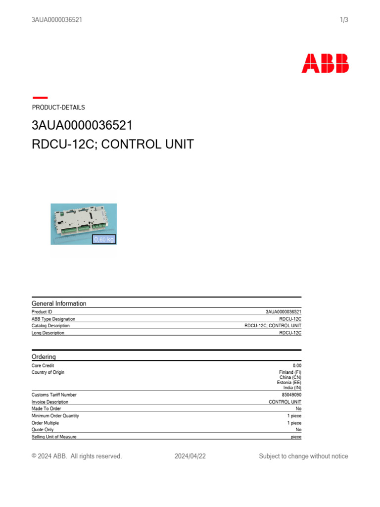 RDCU-12C Control Unit Overview | PDF | Length | Quantity