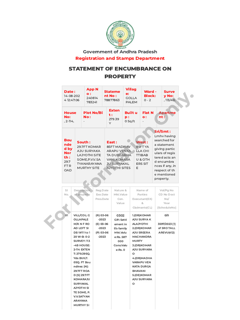 Andhra Pradesh Property Encumbrance Statement | PDF