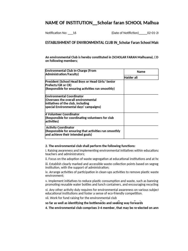 ESTABLISHMENT OF ENVIRONMENTAL CLUB IN (EDUCATIONAL INSTITUTION NAME ...