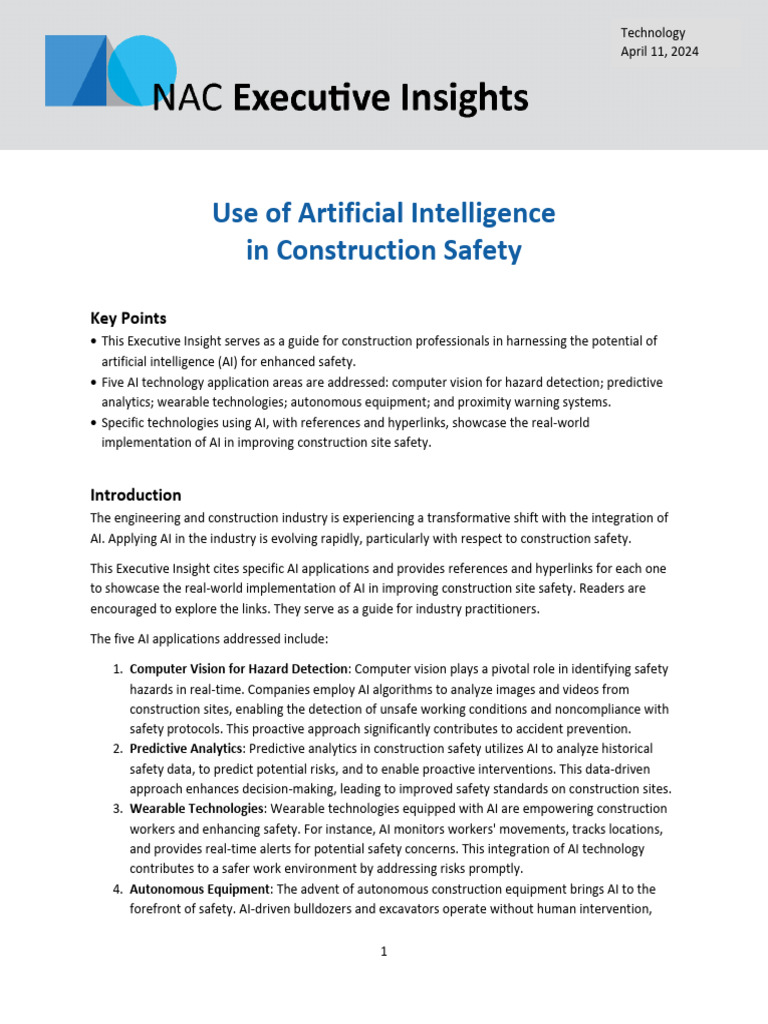 Use of Artificial Intelligence in Construction Safety | PDF | Analytics ...