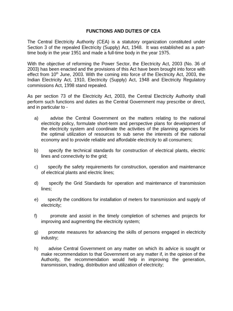 Functions of the Central Electricity Authority | PDF | Electric Power ...