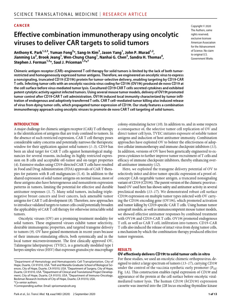 Oncolytic Viruses Deliver CAR Targets To Solid Tumors | PDF | T Cell ...