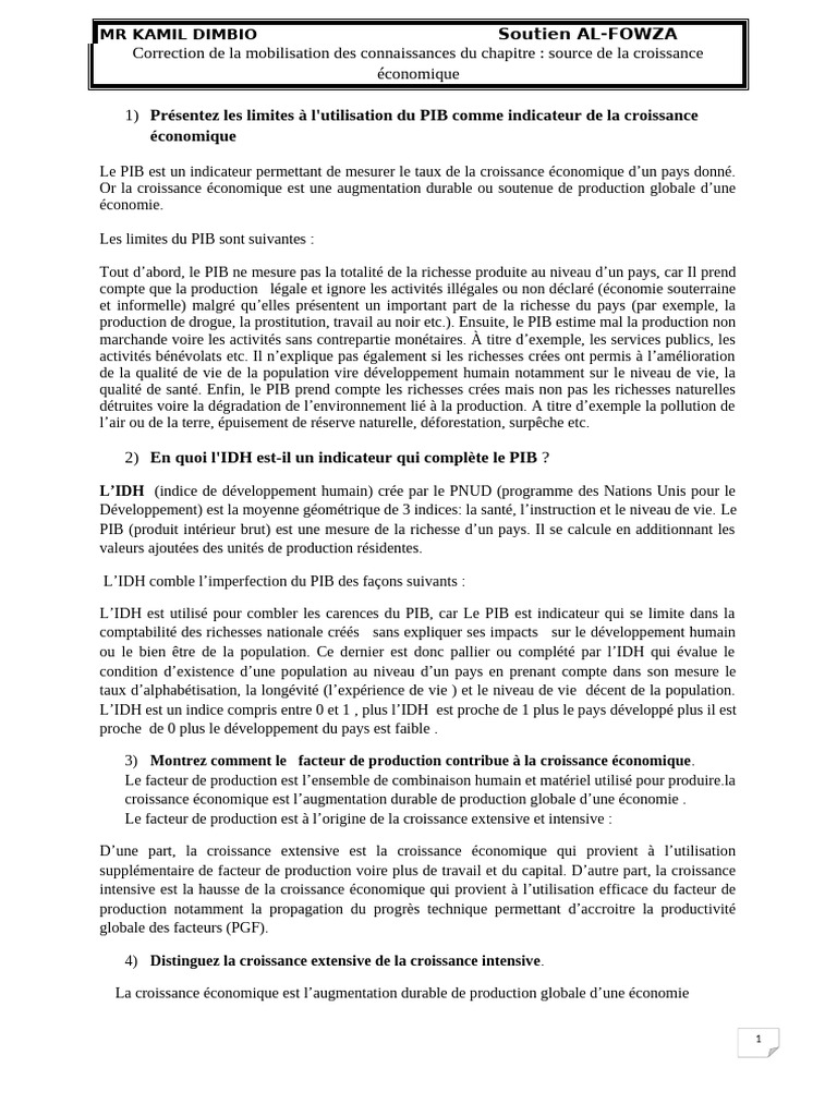 Limites du PIB et rôle de l'IDH dans la croissance | PDF | Croissance ...