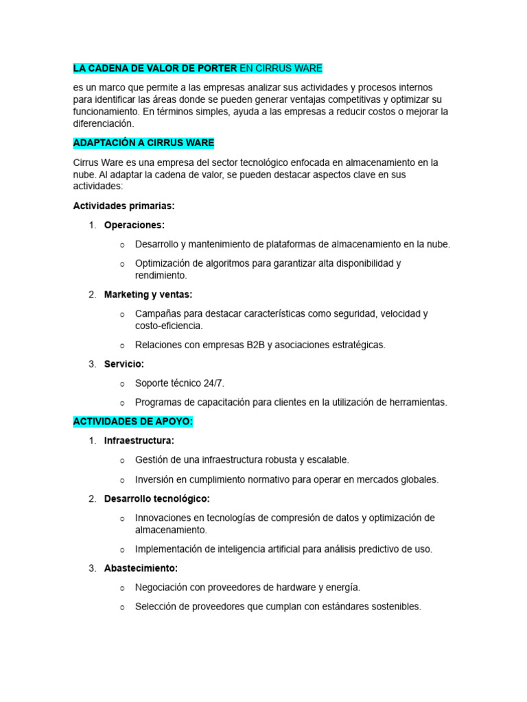 La Cadena de Valor de Porter en Cirrus Ware | PDF | Cadena de valor ...