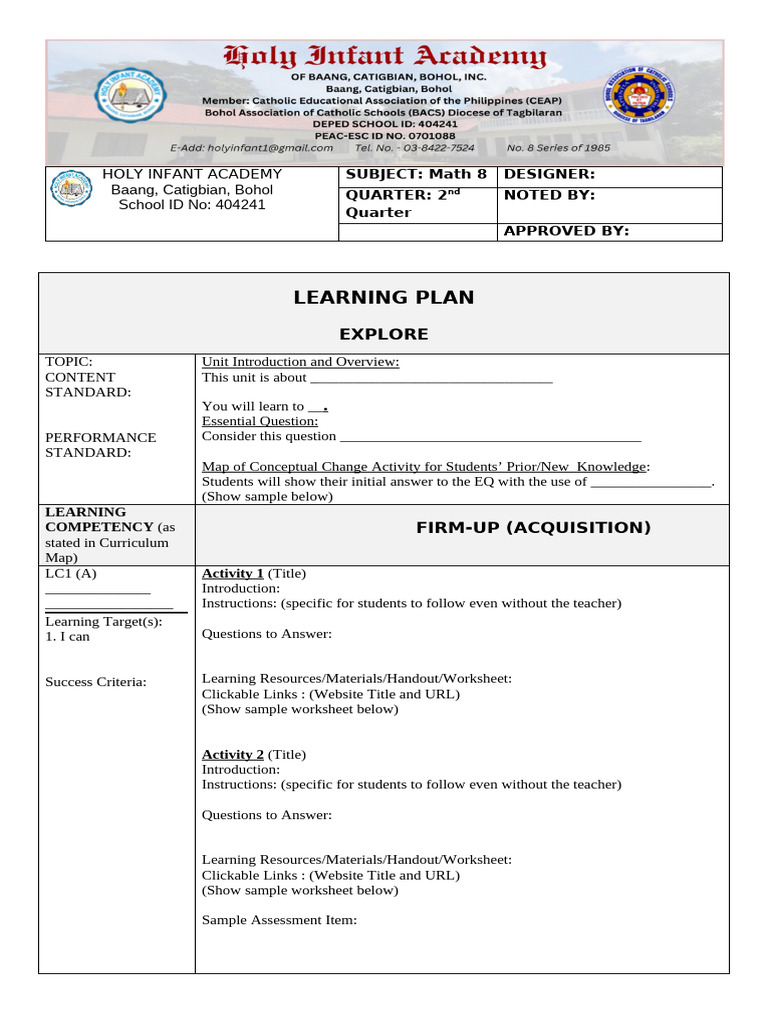 Math 8 Learning Plan for 2nd Quarter | PDF | Worksheet | Teachers