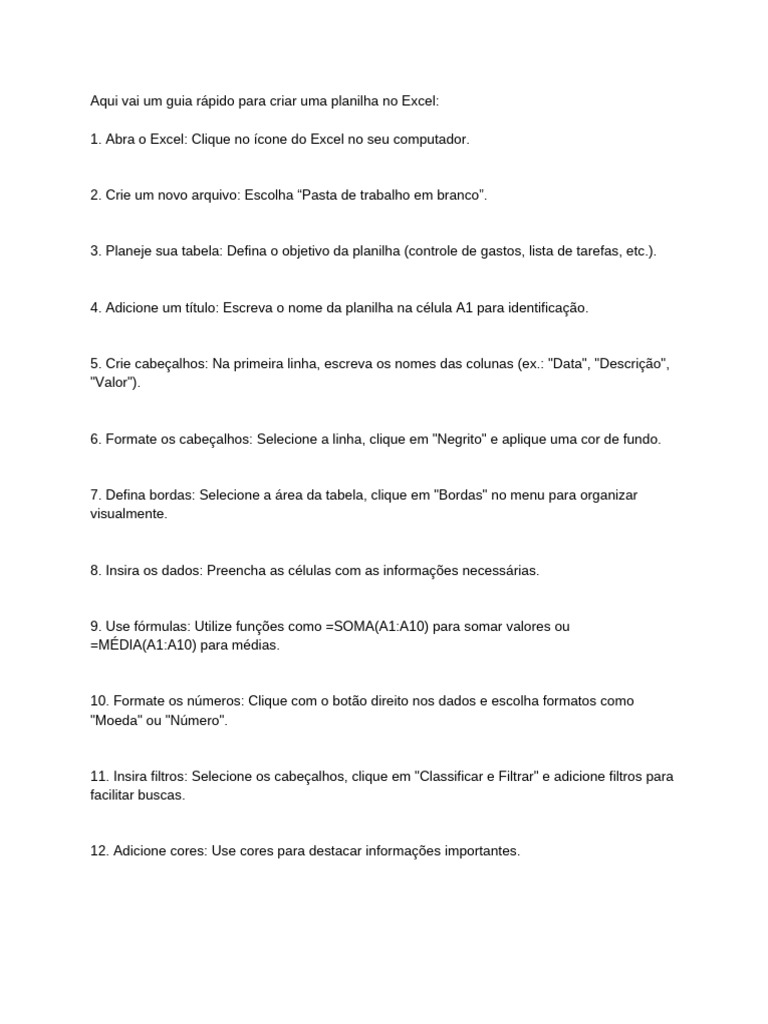Criando Planilhas no Excel Passo a Passo | PDF