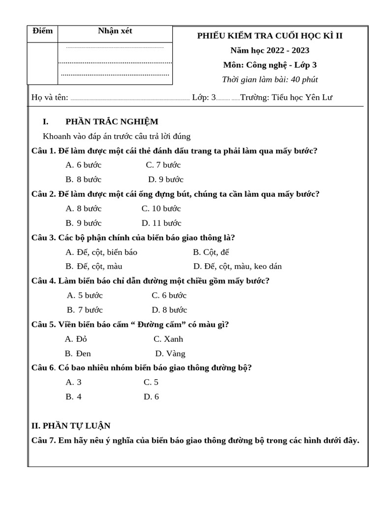 Đề kiểm tra môn CN - 2 | PDF