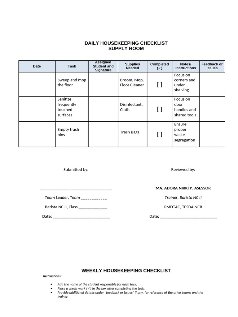 MF - Housekeeping Checklist - Supply Room - MANP Asessor | PDF ...