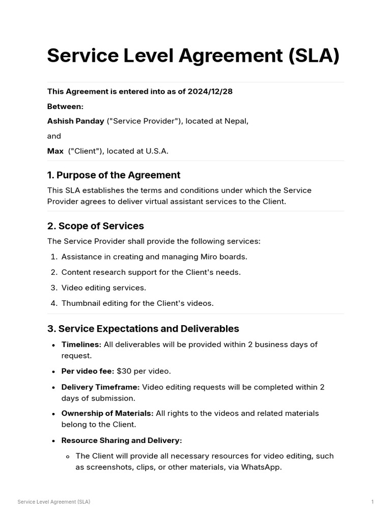 Virtual Assistant SLA for Video Services | PDF | Service Level Agreement