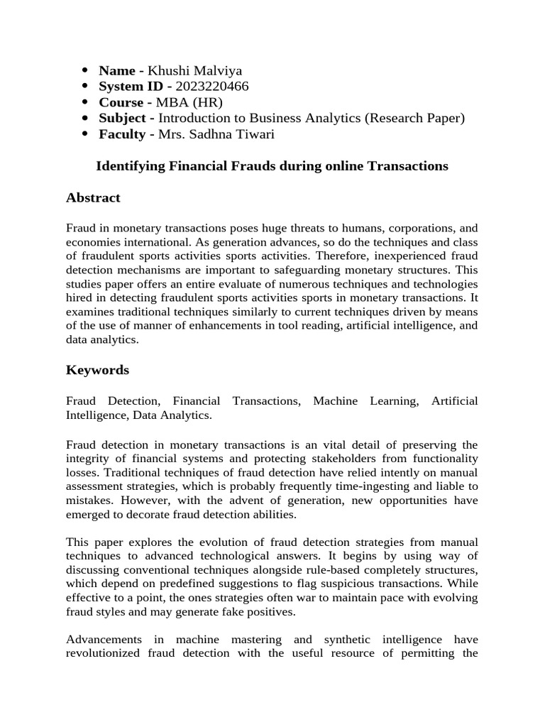 Financial Fraud Detection Techniques | PDF | Machine Learning | Analytics