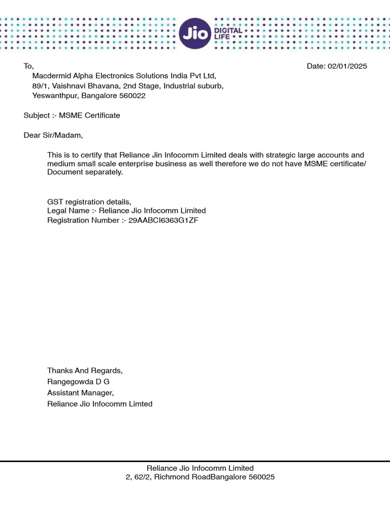 MSME Certificate Confirmation Letter | PDF