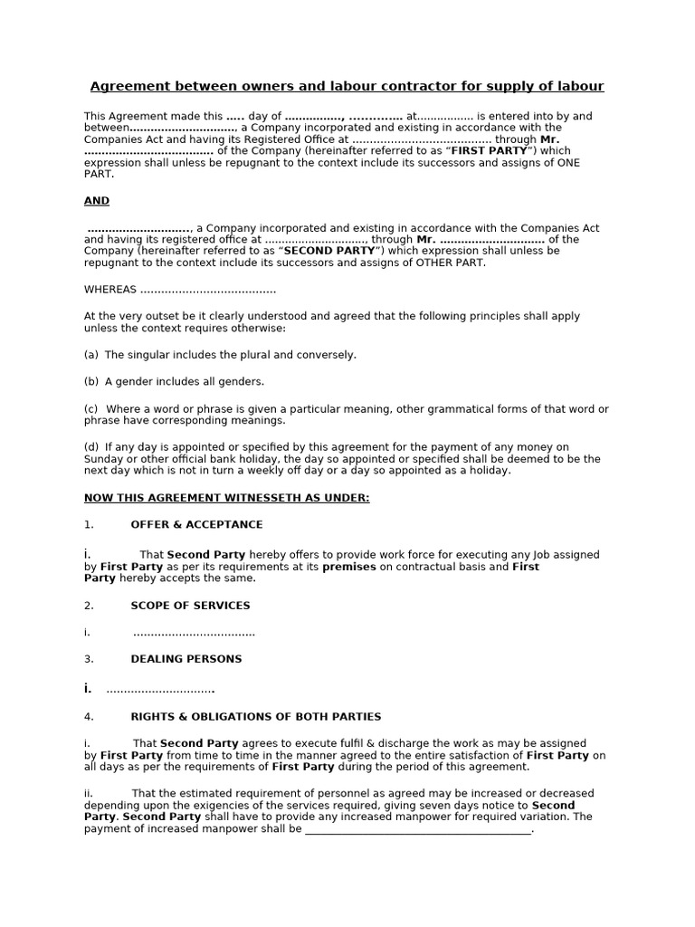 Labour Supply Agreement Template | PDF | Indemnity | Legal Liability