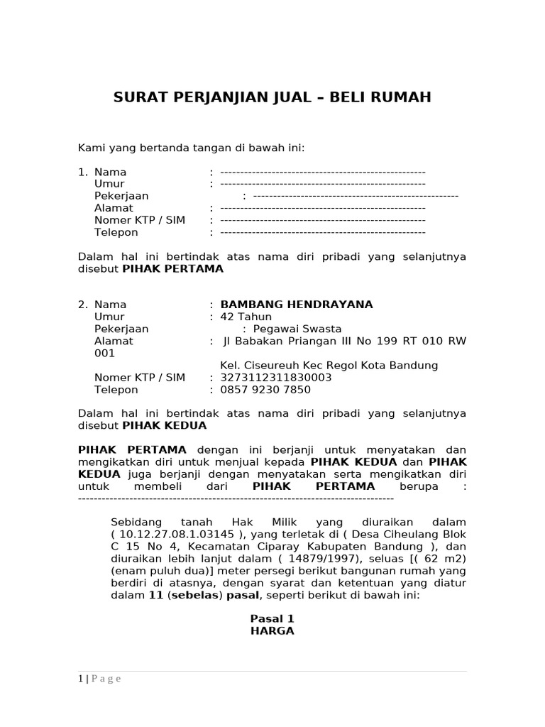 Surat Perjanjian Jual Beli Rumah | PDF