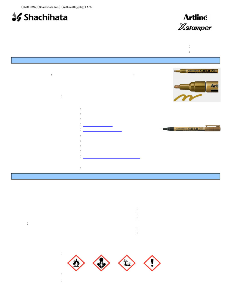 Artline Metallic Ink Markers Safety Data | PDF | Dangerous Goods | Safety