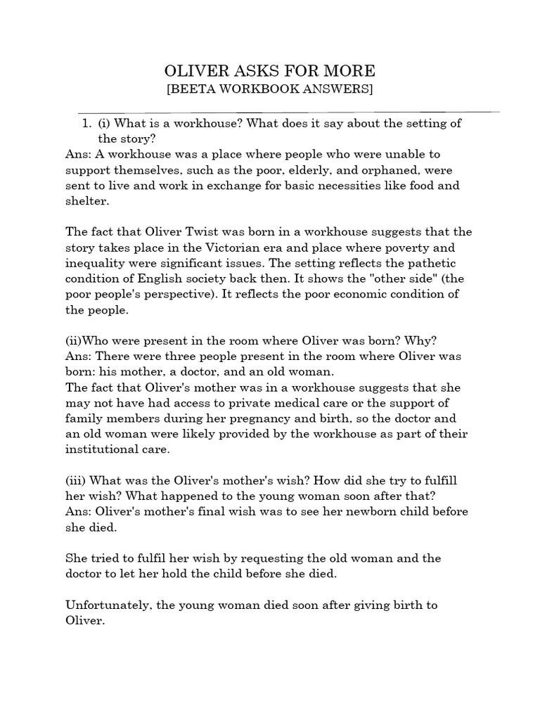 Oliver Asks for More: Workbook Answers | PDF | Oliver Twist | Poverty