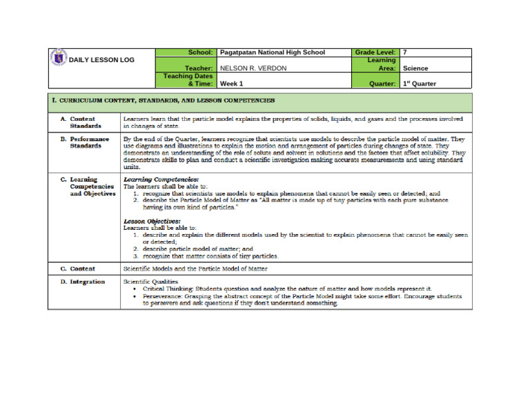 Grade 7 Science Daily Lesson Log | PDF