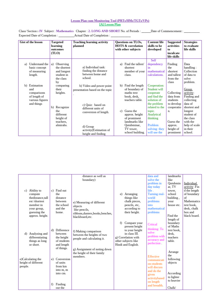 L 2 Long & Short Maths Class IV KV No2 AFS Adampur Modified | PDF ...