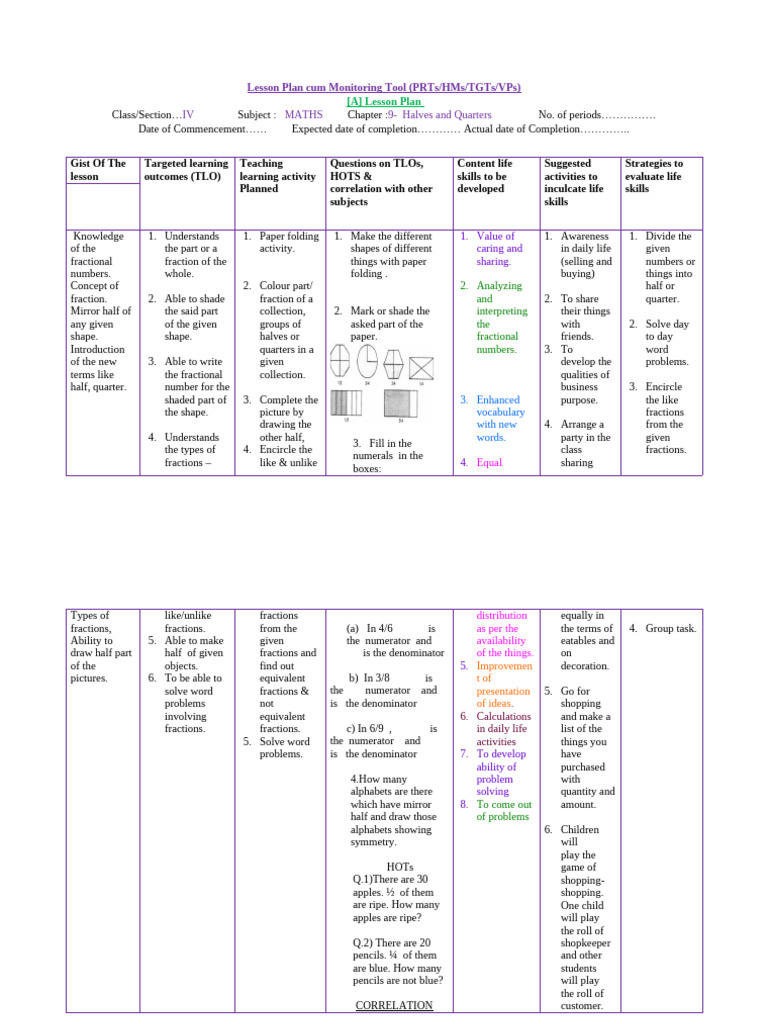 L 9 Halves & Quarters Class4 Maths KV Bhunga | PDF | Behavior ...