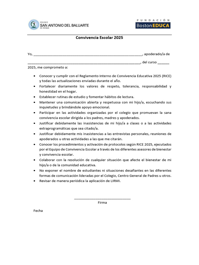 Compromiso de Convivencia Escolar 2025 | PDF