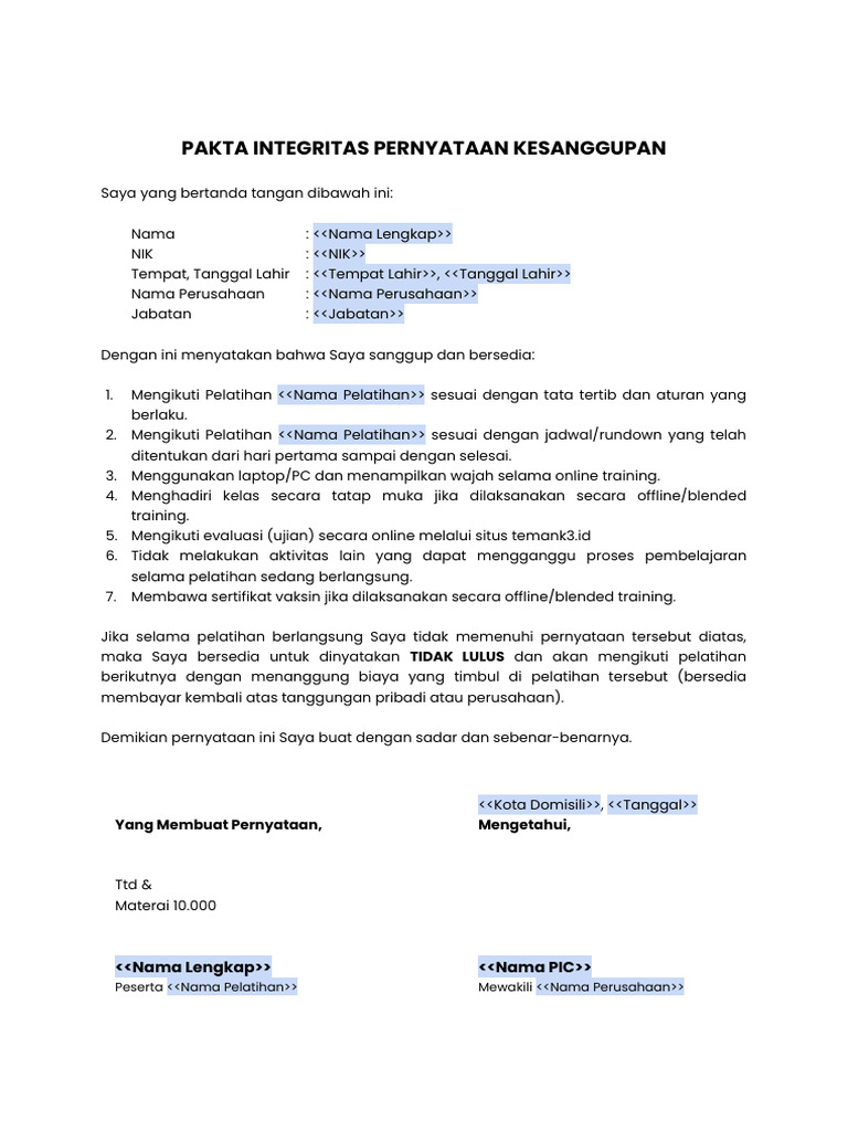 Pakta Integritas Peserta Pelatihan | PDF