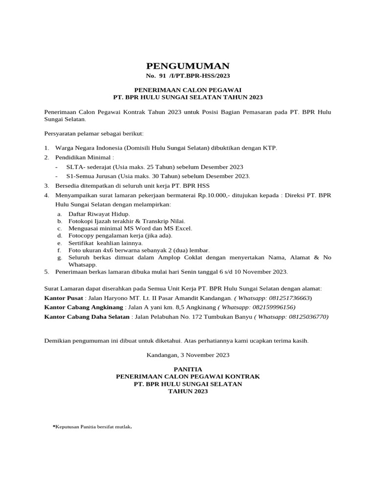 Penerimaan Pegawai PT BPR HSS 2023 | PDF
