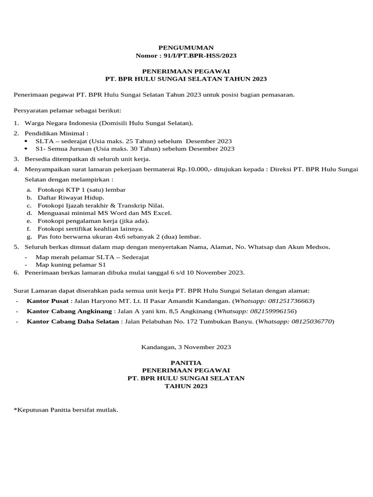 Penerimaan Pegawai PT BPR HSS 2023 | PDF