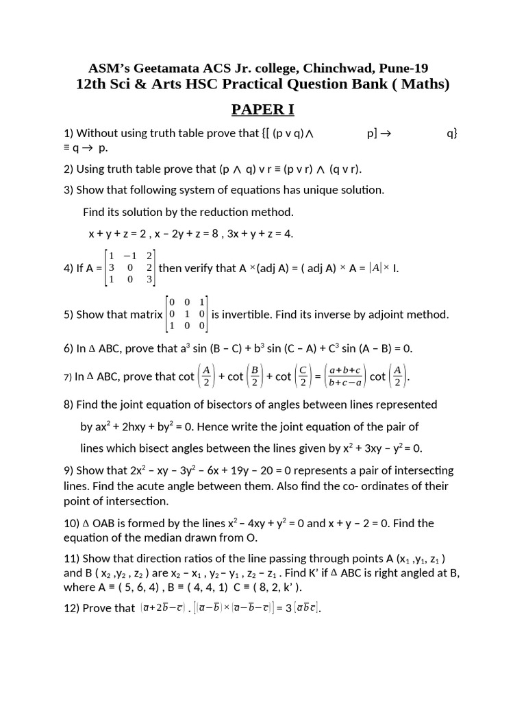 12th HSC Maths Practical Question Bank | PDF | Euclid | Mathematics