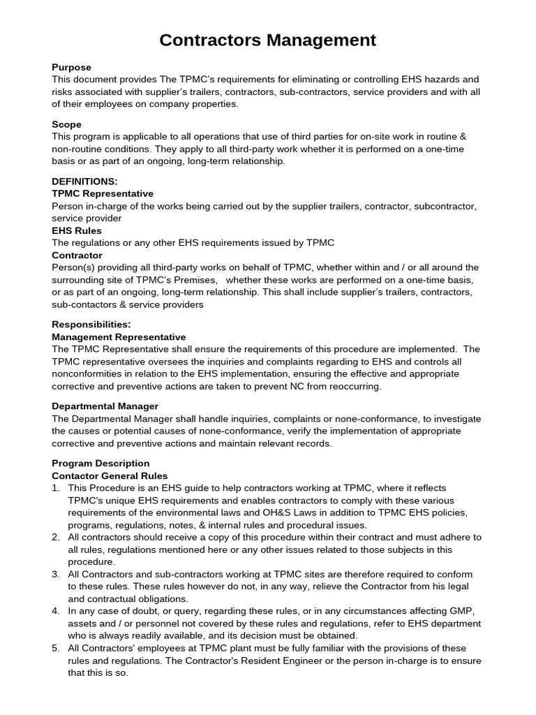 Contractor Management | PDF | Safety | Occupational Safety And Health