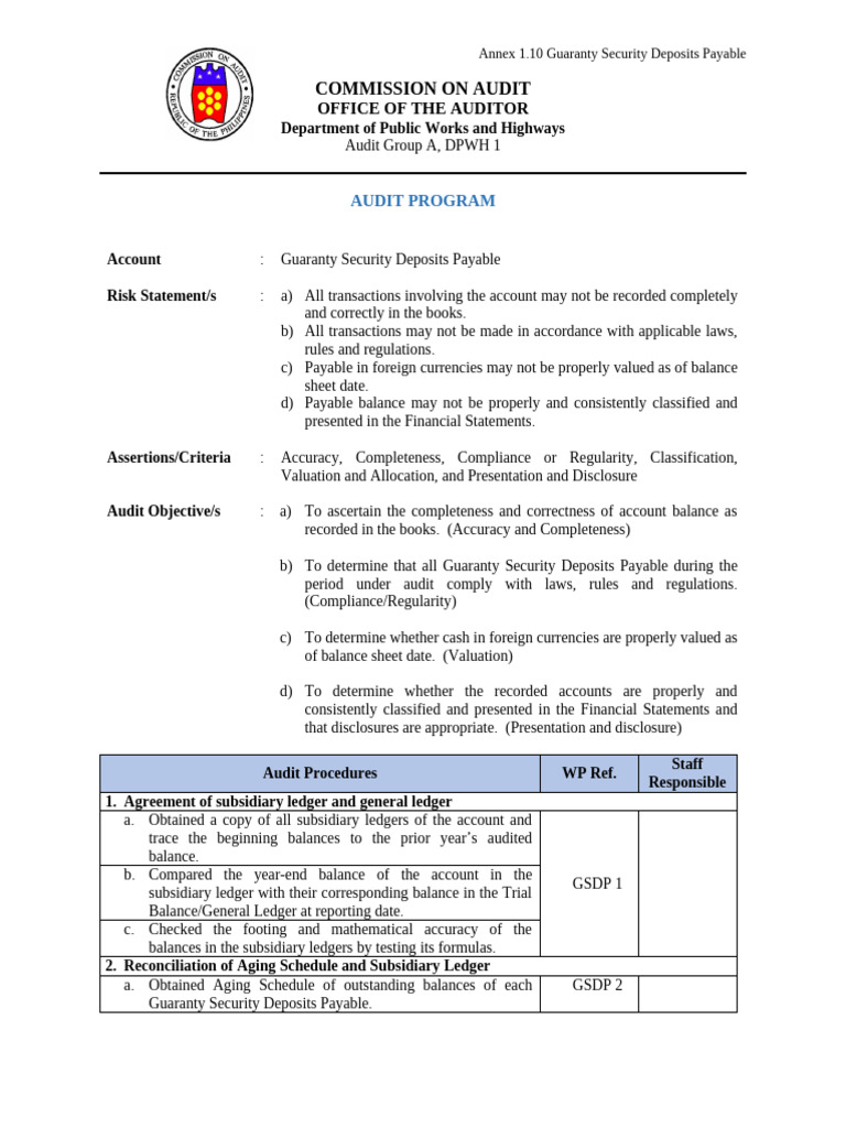 Guaranty Security Deposits Audit Program | PDF | Audit | Financial ...