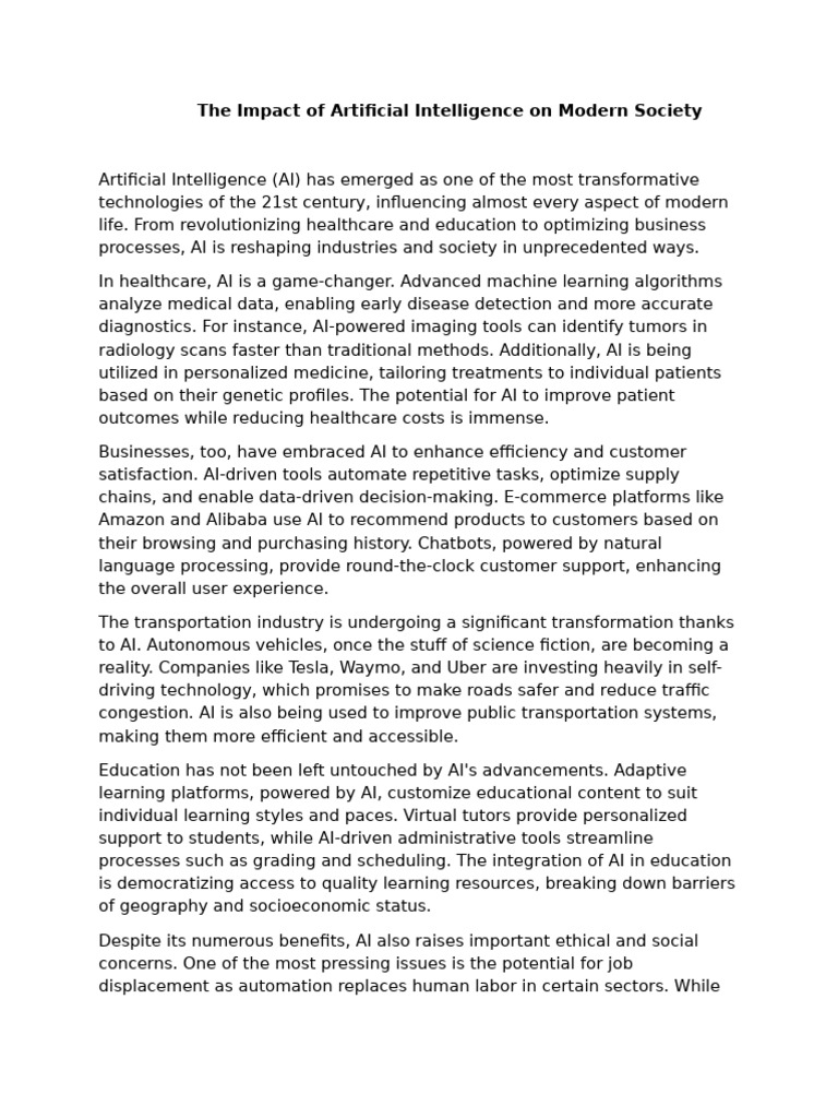 The Impact of Artificial Intelligence On Modern Society | PDF ...