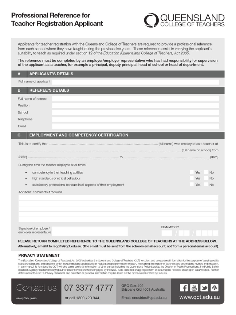 Teacher Registration Reference Form QCT | PDF | Teachers
