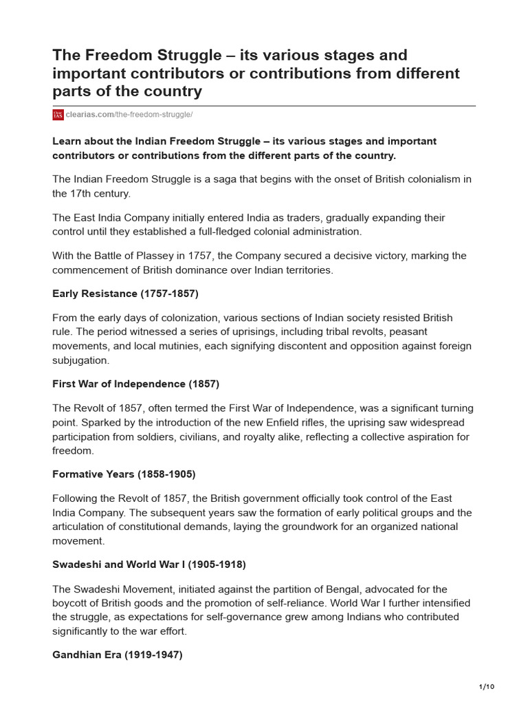 Stages of the Indian Freedom Struggle | PDF | Indian Rebellion Of 1857 ...