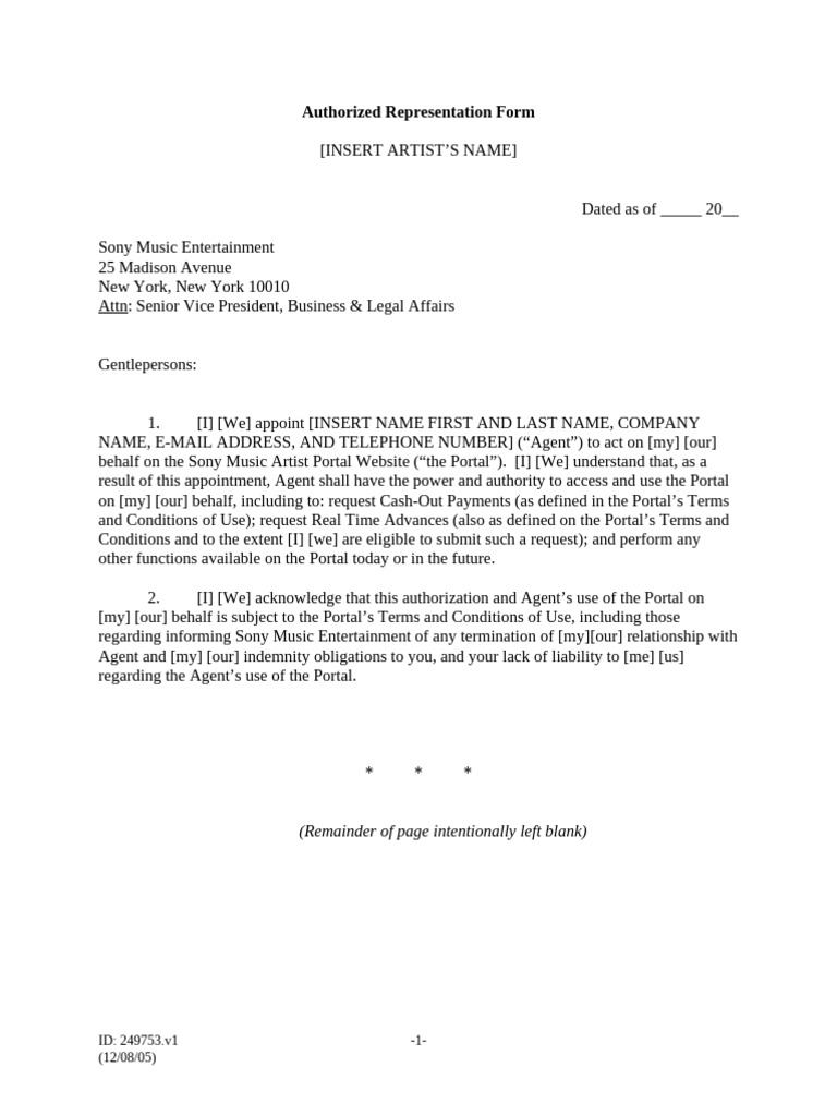 Sony Music Authorized Representation Form | PDF