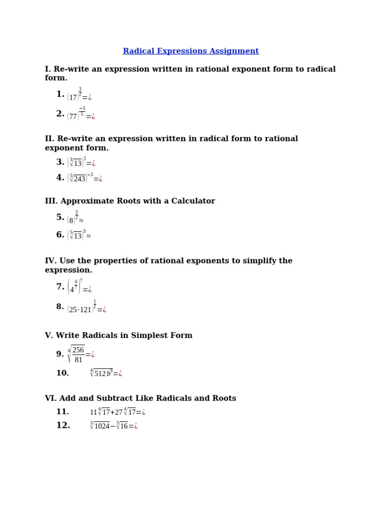 Radical Functions Radical Expressions Assignment | PDF