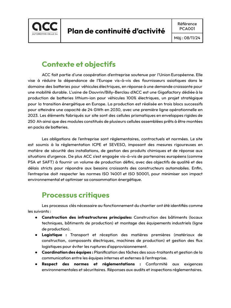 Plan de continuité pour Gigafactory ACC | PDF | Accumulateur lithium ...